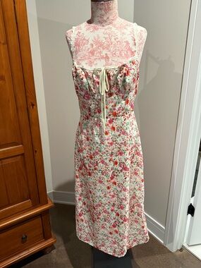 Source Unknown Cream Midi Dress with Pink and Red Floral Print
